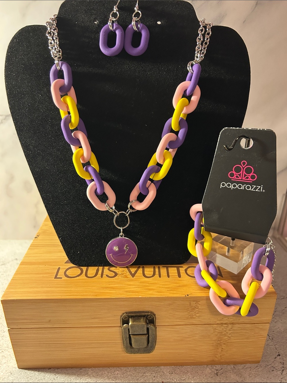 Paparazzi Purple Pink Yellow Link Necklace & Bracelet Set with Smiley Pendant